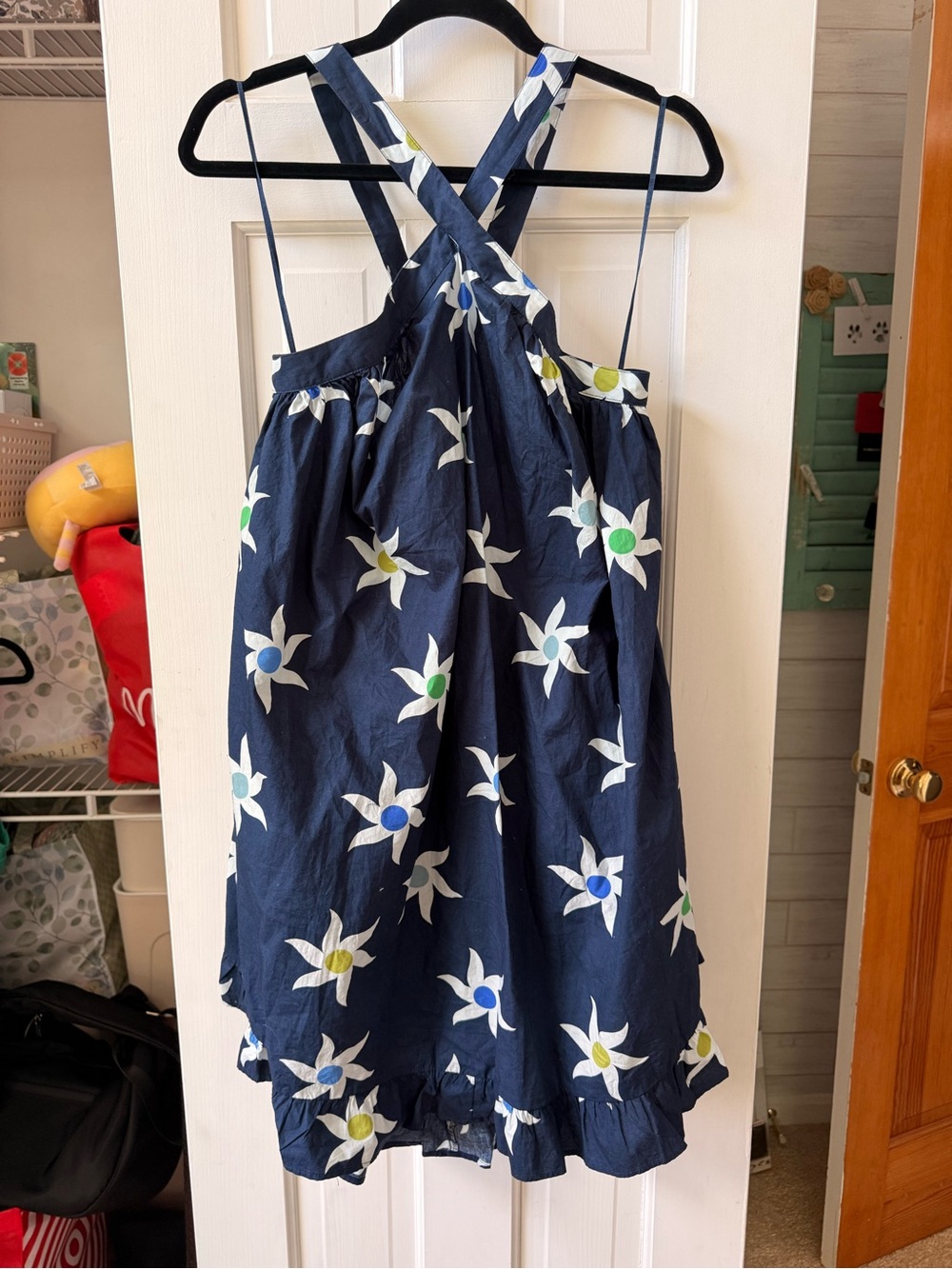 Navy Floral Crossback Mini Dress with Ruffle Hem